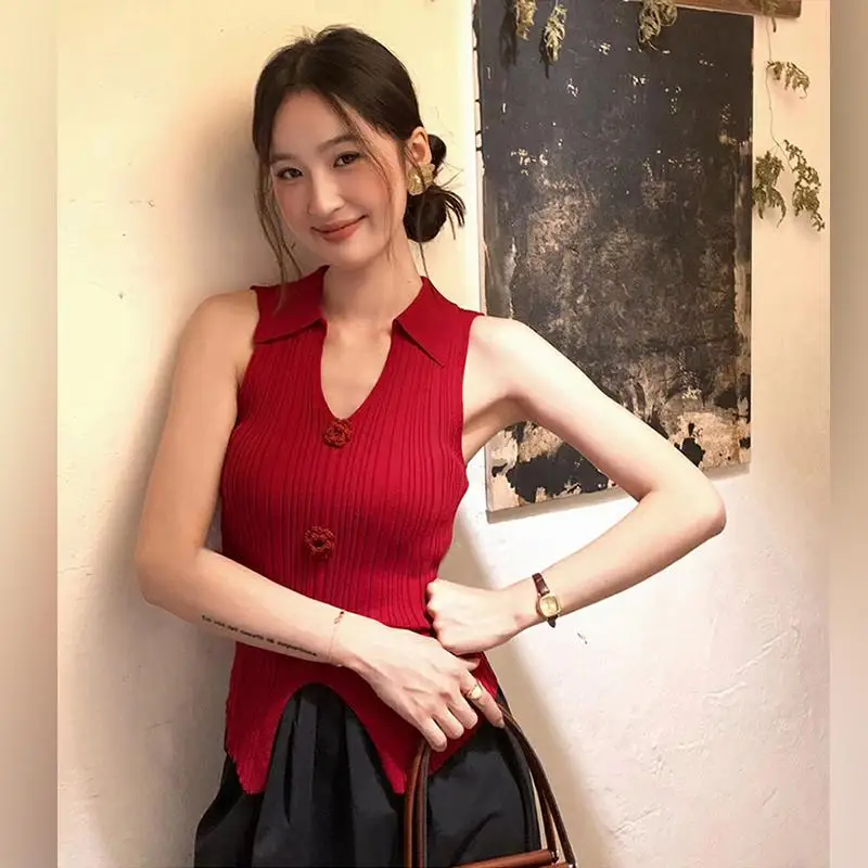 2024 Summer New Korean Knitted Vest for Women 3D Flower Solid Color Top for Women Slim Fit Polo Collar Shirt