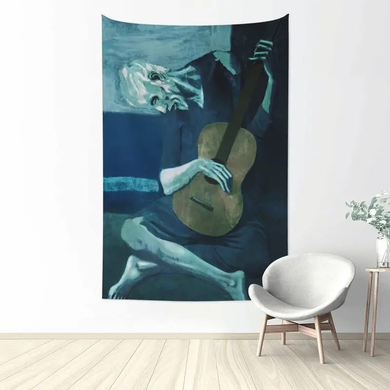 VIKAMA Vintage Blue Tone Classical Painting Wall Tapestry, Old Man Playing Guitar Art for Living Room Study Room Wall Decor