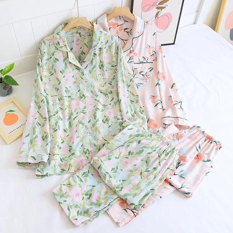 

NHKDSASA New 100% Viscose Women Pajamas Casual Long Sleeve Sleepwear Pajamas Set Flower Printed Spring Summer 2PCS Pyjama Suit
