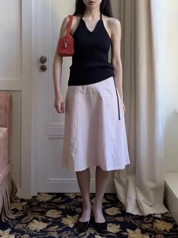 

Preon High Waist A-Line Umbrella Skirt Gentle Pastel Pink Women's Casual Cotton f-length Skirts Spring Summer New Arrival