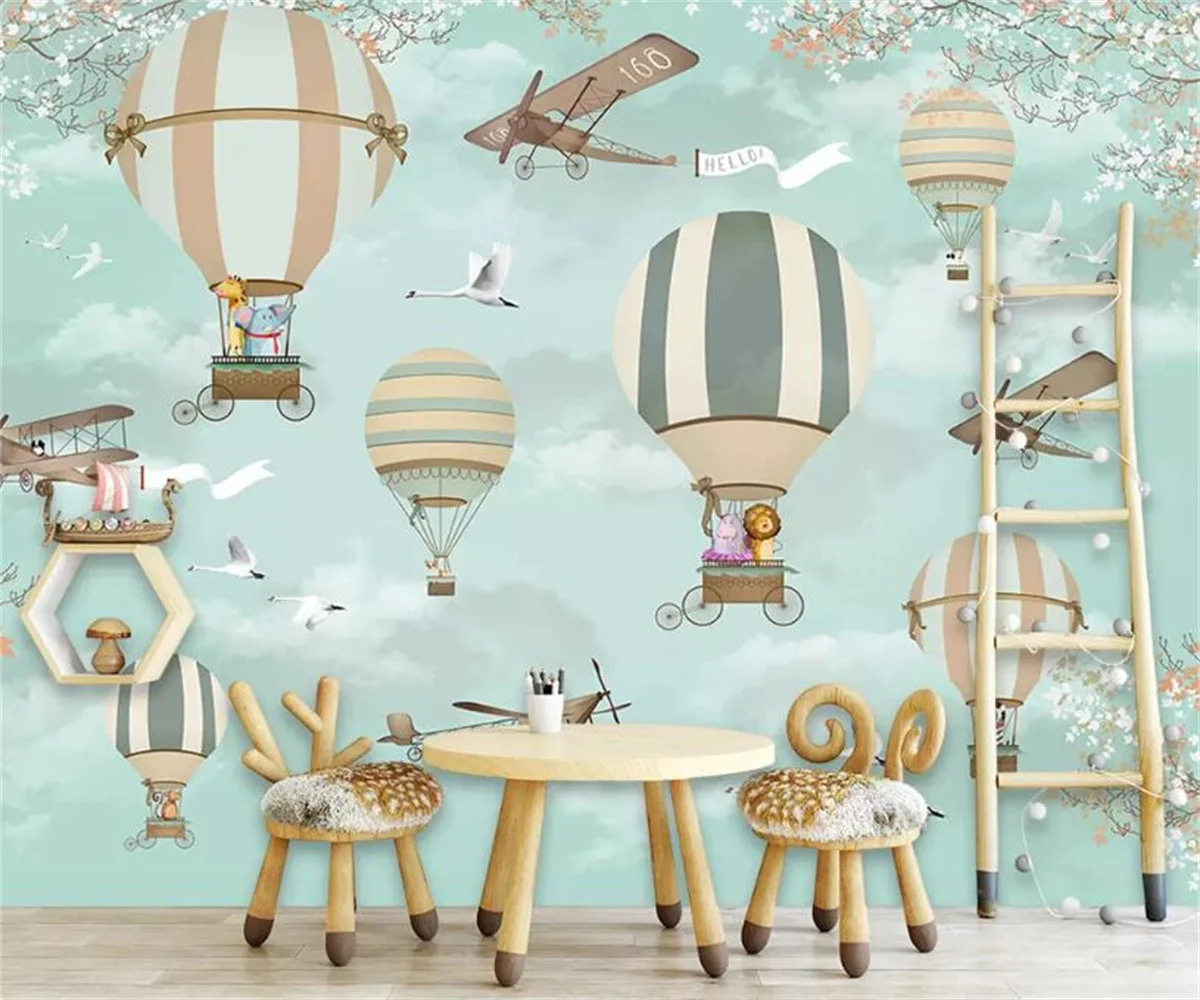 Custom wallpaper Large hand-painted aircraft hot-air balloon Children's playground Blue background walls 3D wallpaper murals