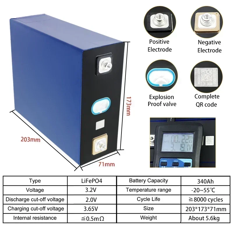 New 340AH 3.2V Lifepo4 A-level DIY 12V 24V rechargeable battery pack, suitable for solar storage RVs and duty-free motorcycles