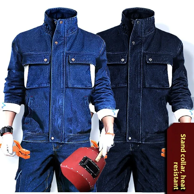 Completo da Lavoro in Denim di Puro Cotone Rinforzato per Saldatura, Set con Top a Collo Alto e Pantaloni, Protezione per le Mani, Tuta da Lavoro da Uomo