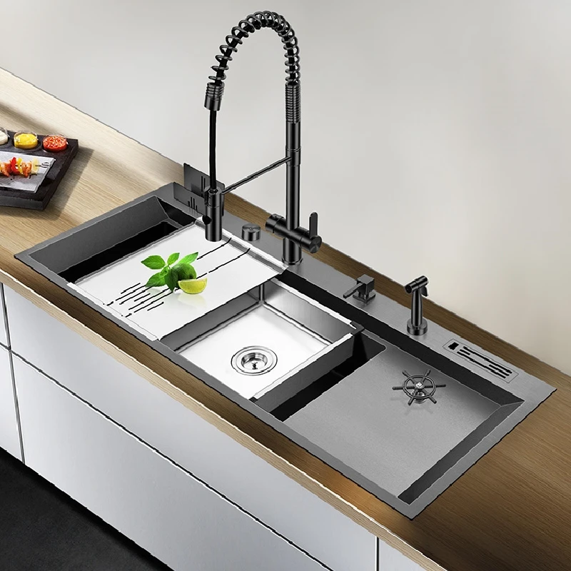 

Luxury Single-slot Stainless Steel Kitchen Sink Custom Black Silver Hot And Cold Faucet Sink