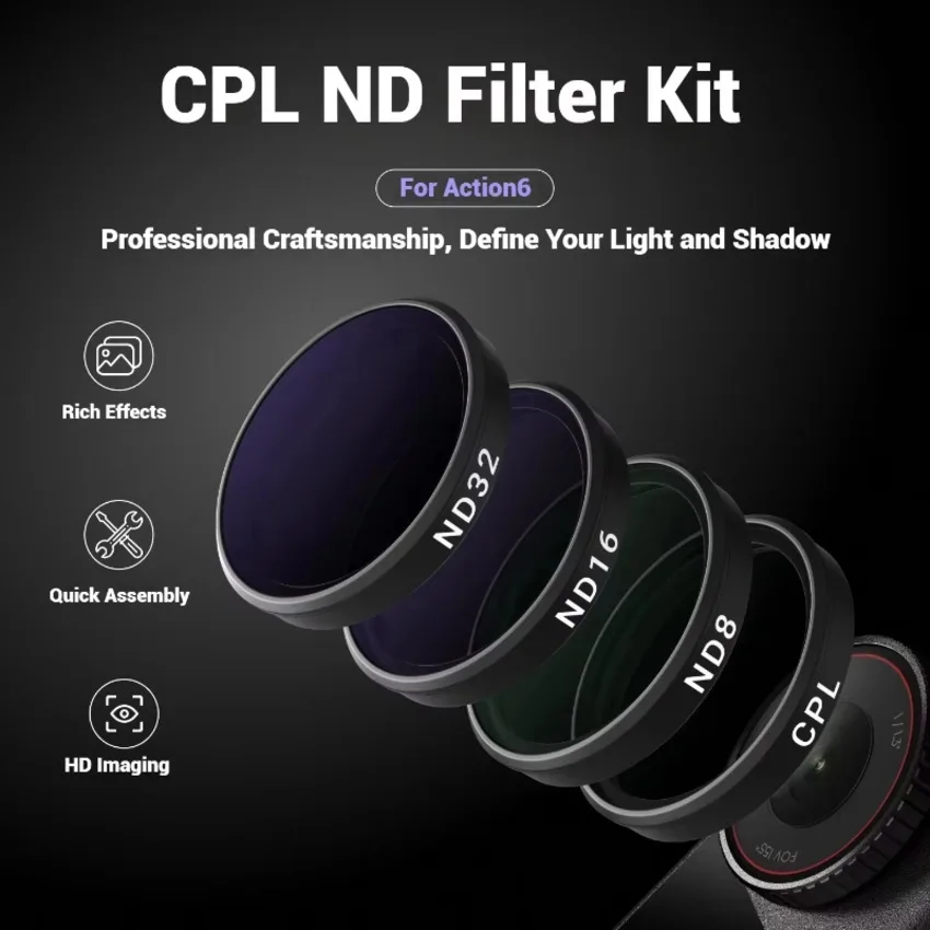 

Комплект аксессуаров для камеры DJI Osmo Action 6: фильтры UV, CPL, ND (нейтральный фильтр)