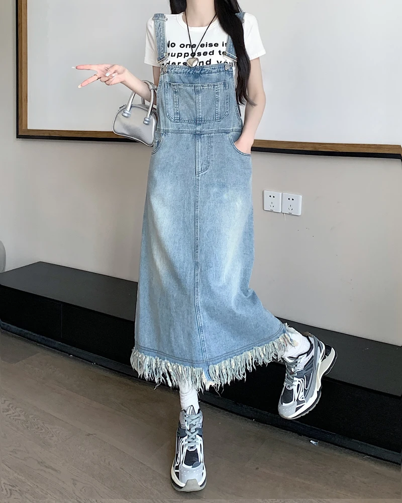 

Fashion Women Denim Suspenders Dresses Korean Style Loose Casual Tassels Long Straps Dress Spring Autumn Solid Split Jean Dress