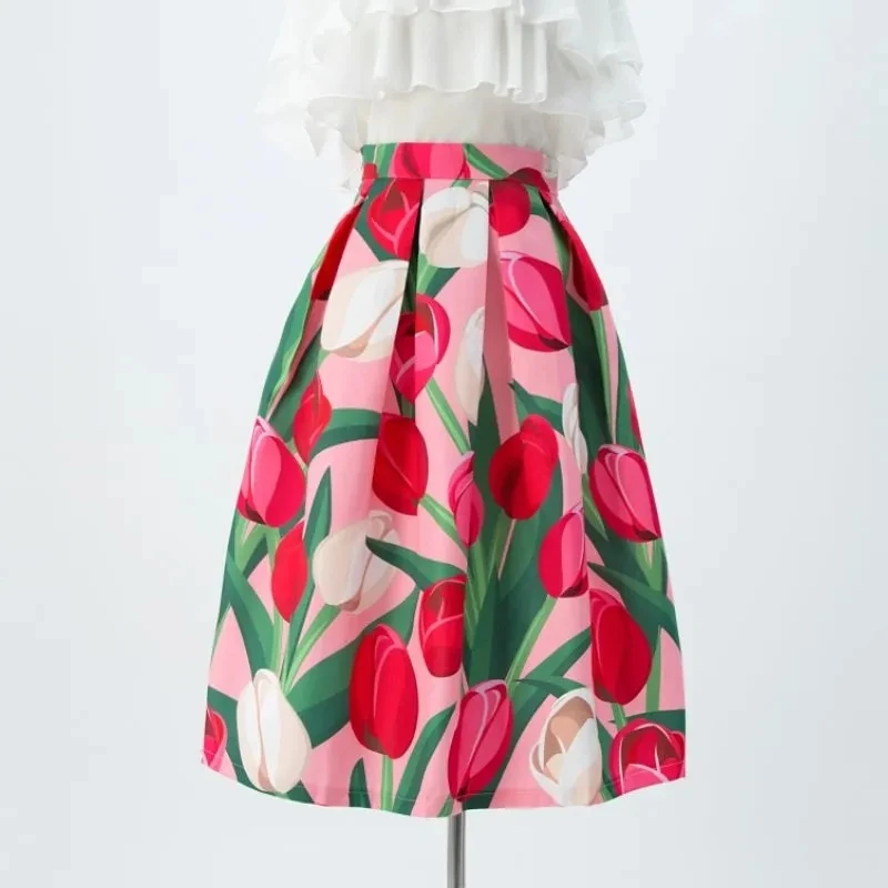 

Tulips Pink Tulips Print Elegant High Waist Ball Gown Loose Women's Skirt Knee-Length Long Skirts For Women Clothing Fashion