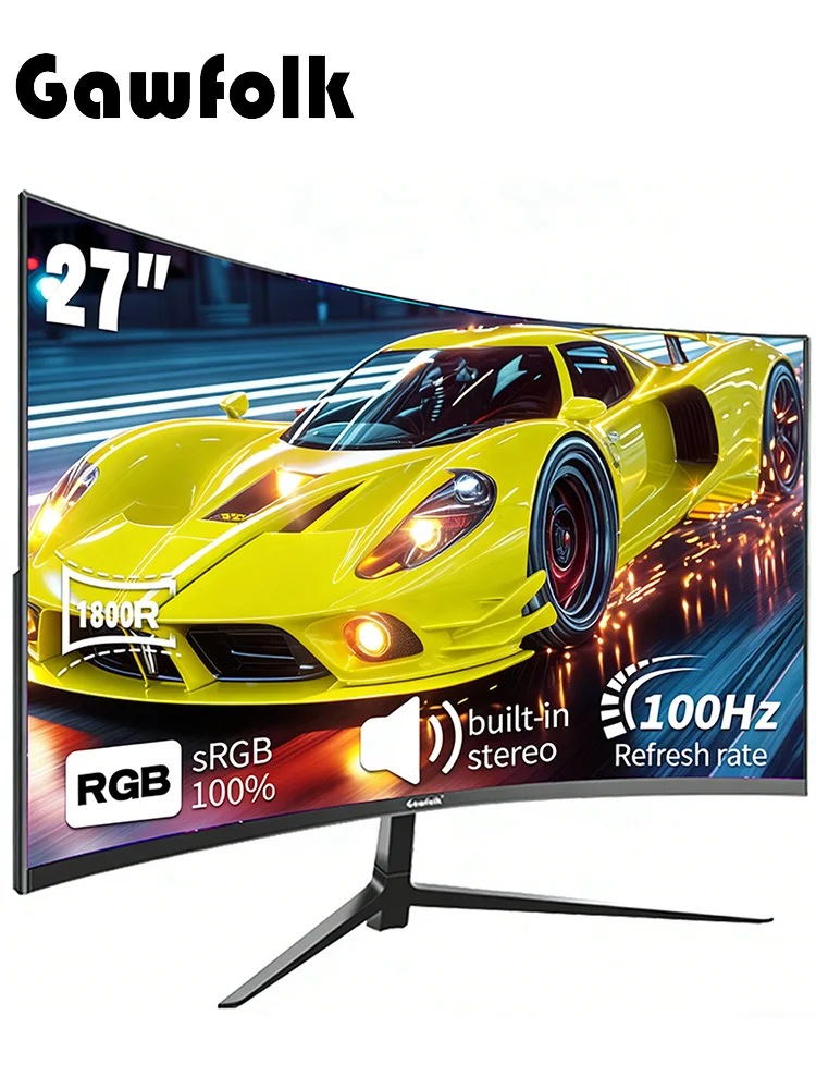 Gawfolk 27 Zoll Curved Gaming Monitor 100Hz, PC Bildschirm Full HD 1080P, Rahmenloser 1800R Computerbildschirm Mit FreeSync - Schwarz