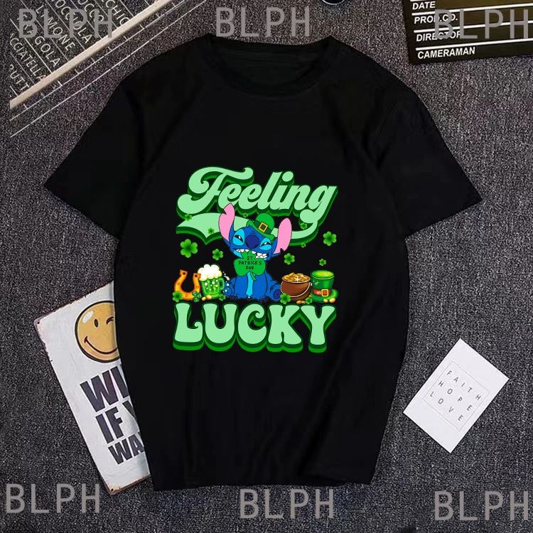 

2025 Disney Stitch Lucky Clover Parent-Child T-Shirt Set - Soft Cotton Tops with Alien and Four-Leaf Clover Motifs