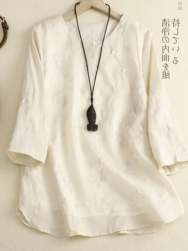 

Casual Cotton Linen Embroidered irt Large Size Women's Side Button round Ne Seven Sve Zen Tea Service Loose Top