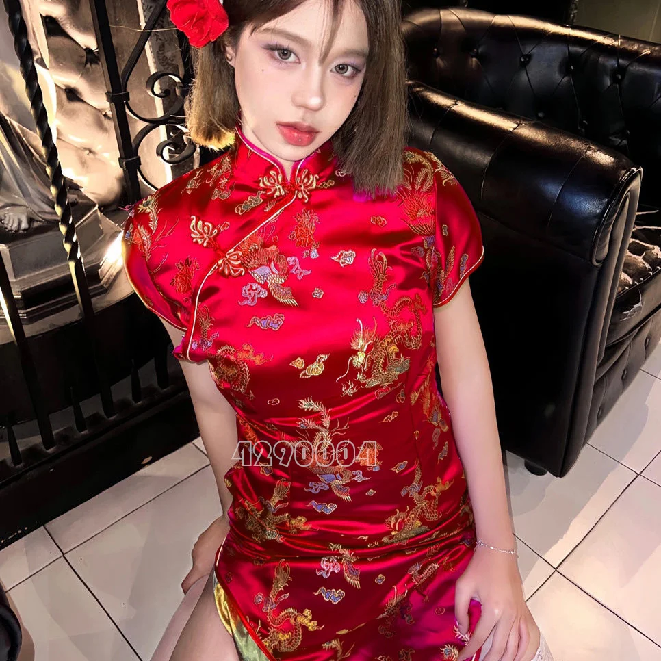 Sexy Red Qipao Women New Chinese Style Dresses Vintage Mandarin Collar Y2K Vestidos Print Flower Cheongsam Bigsize 3Xl-6Xl