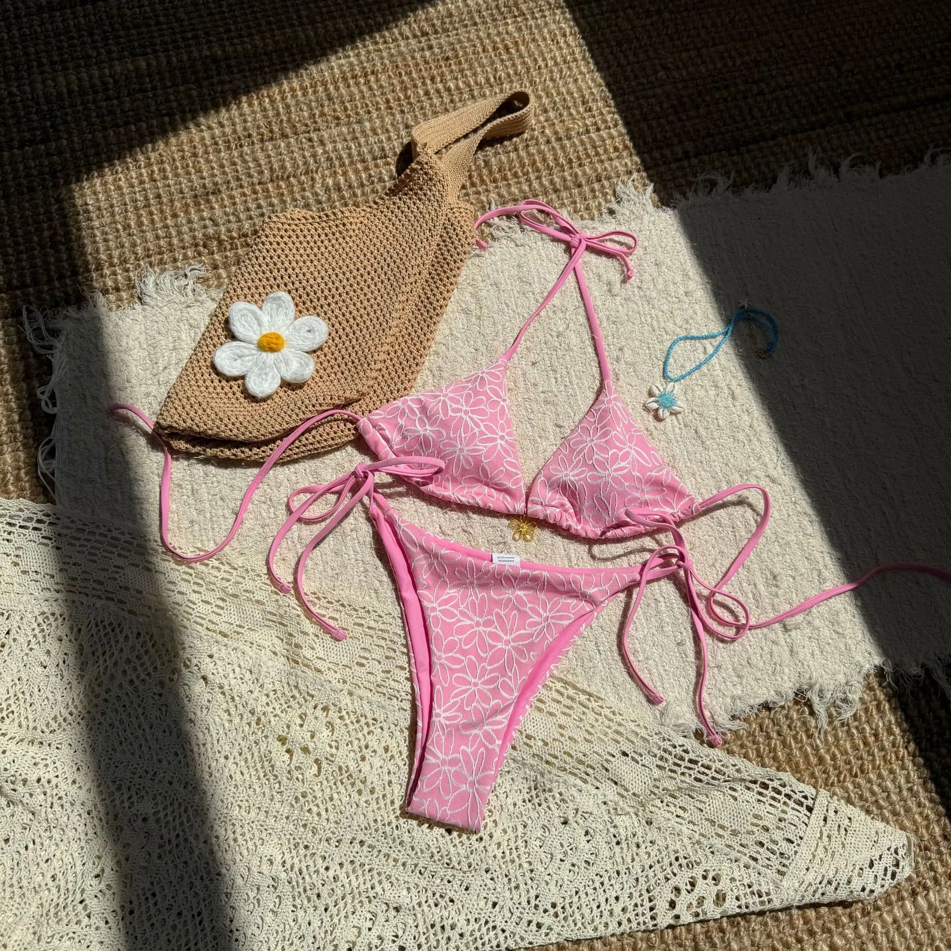 sexy flower pattern micro bikinis sets two pieces swimsuit halter tie thong swimsuit Swimwear Biquini conjunto de bikini tankini