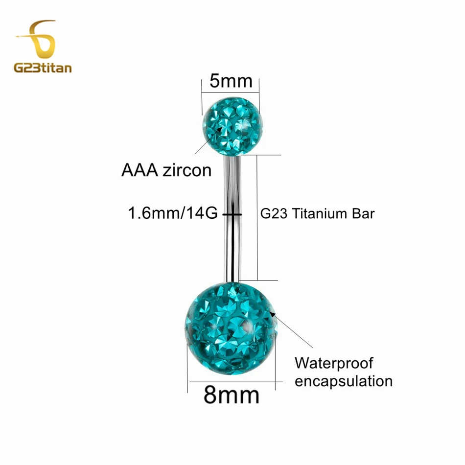 G23titan Waterproof Disco Clay Ball Belly Button Ring 6-16mm Length 14G Titanium Body Piercing Navel Bar Women Summer Jewelry
