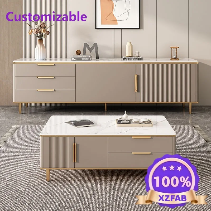 Factory Direct 2026 Simple Slate All Solid Wood TV Cabinet Coffee Table Combination Modern