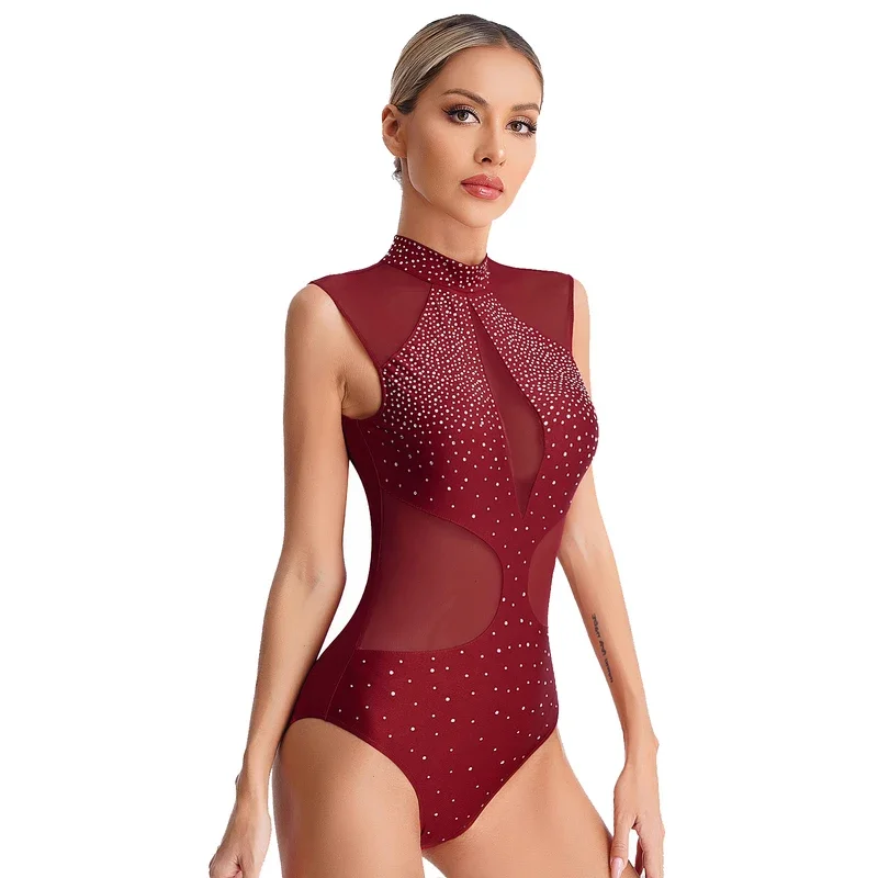 Womens Figure Skating Ballet Dance Leotard Rhythmic Gymnastics Acrobatics Performance Dancewear Rhinestones Sheer Mesh Bodysuit