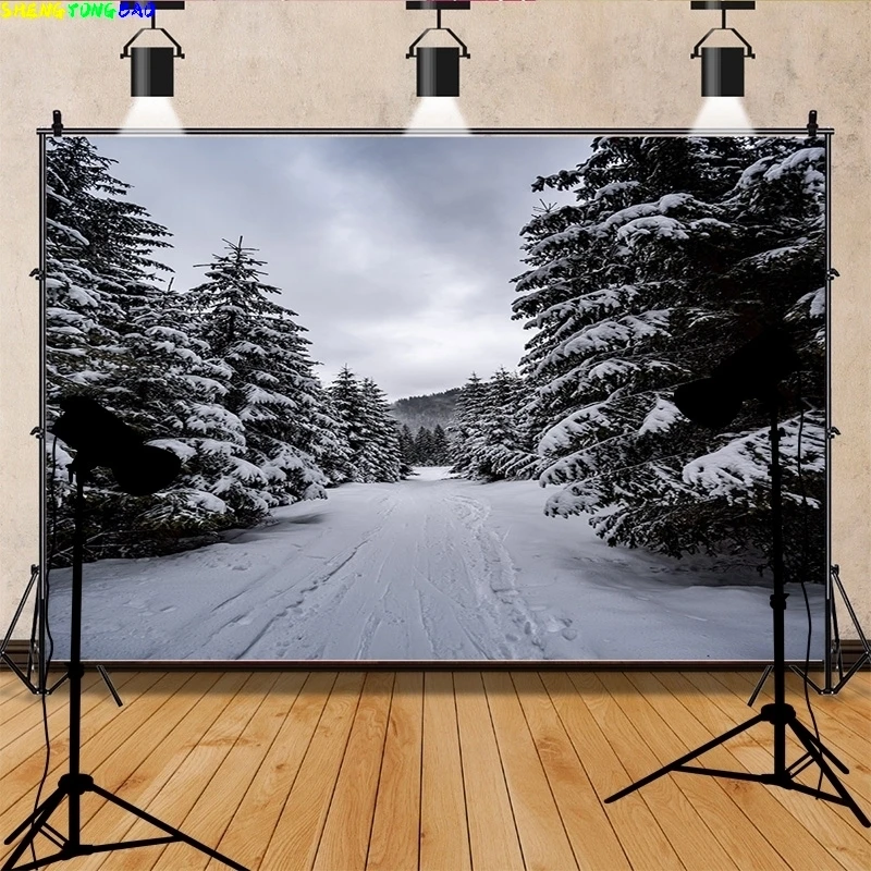 Winter Forest Snowcovered Road Photography Backdrops Blurred Landscape Snowflakes Road Spruce Trees Photo Background XD-09