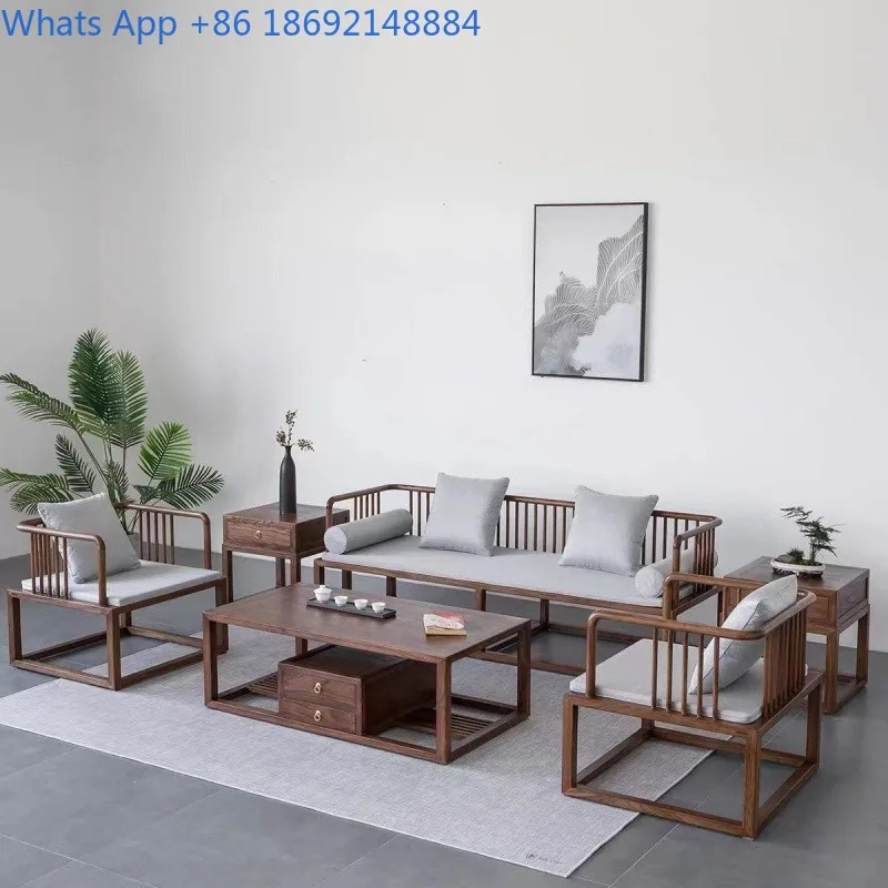 New Chinese Style Northern Elm Solid Wood Sofa Set for Living Room Small Apartment Simple Fabric Sofa Modern Zen Style
