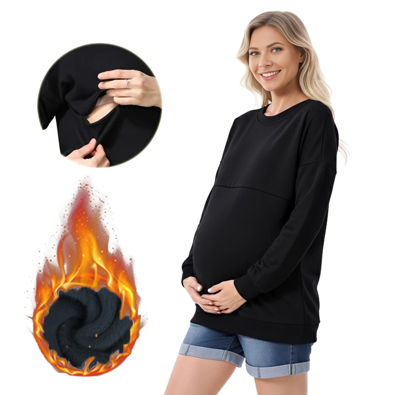 

Big Size Winter fleece-lined Maternity Clothes Cotton Long Sleeve Nursing Top Breastfeeding Clothes Sweater for Pregnant Women