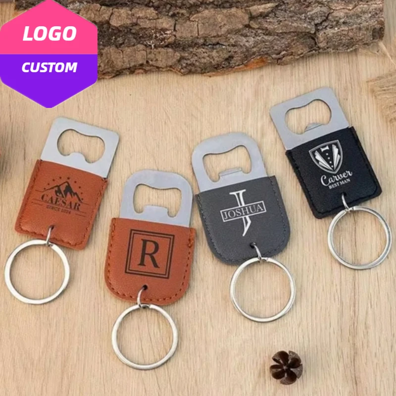 

Stainless Steel Custom Logo Beers Bottle Opener Leather Keychain Laser Engrave Car Key Chain Vintage Personalize Company Keyring