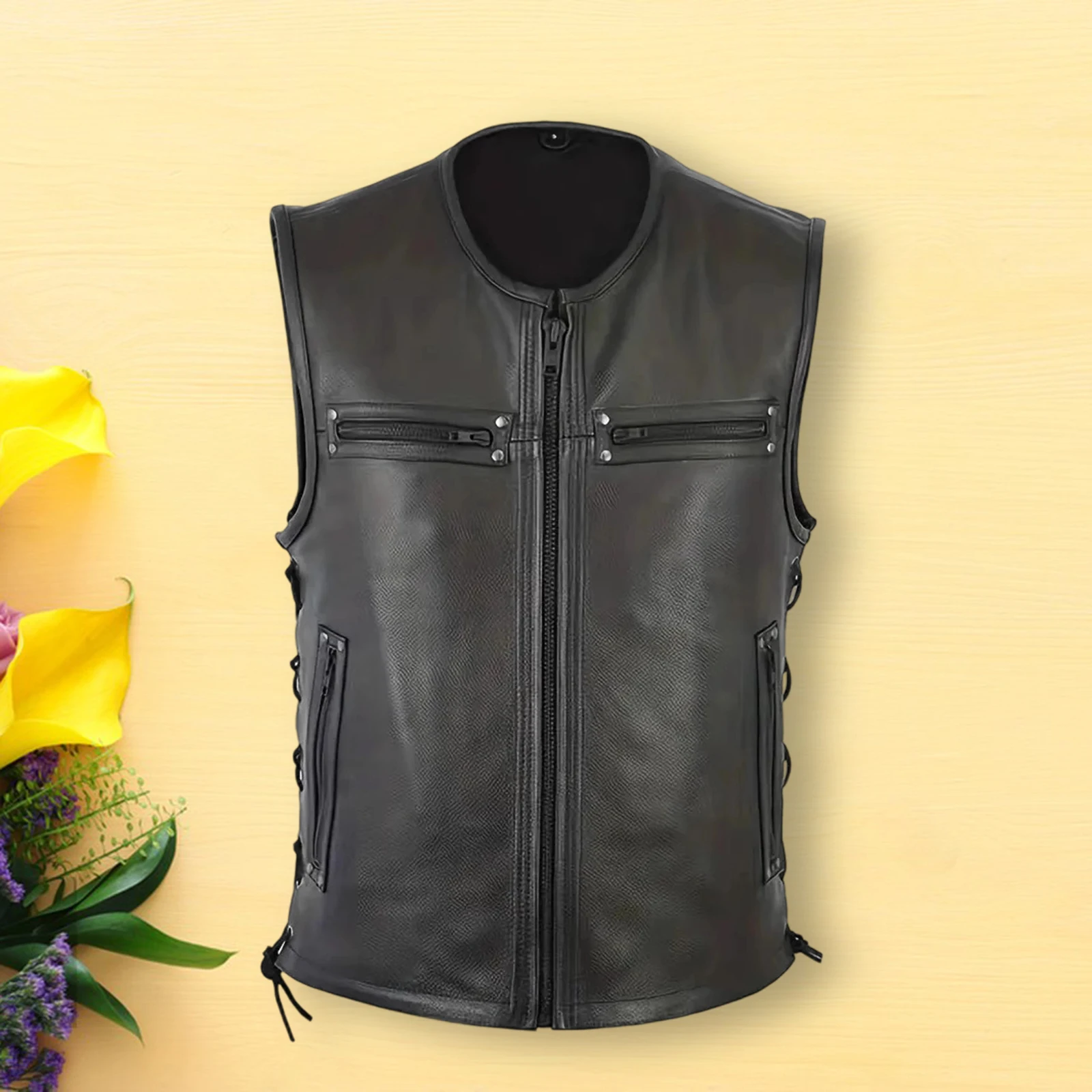 

Men's Motorcycle Vests with Pockets Fashionable Leather Solid Color Zipper Up Sleeveless Jacket