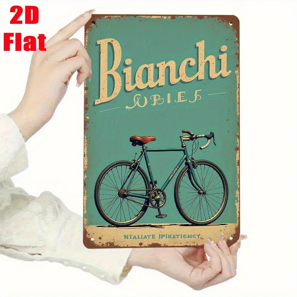 Sinal de arte de parede de ferro de bicicleta Bianchi vintage - decoração retrô teal e metal dourado, garagem rústica, café, bar, decoração de casa, sem energia