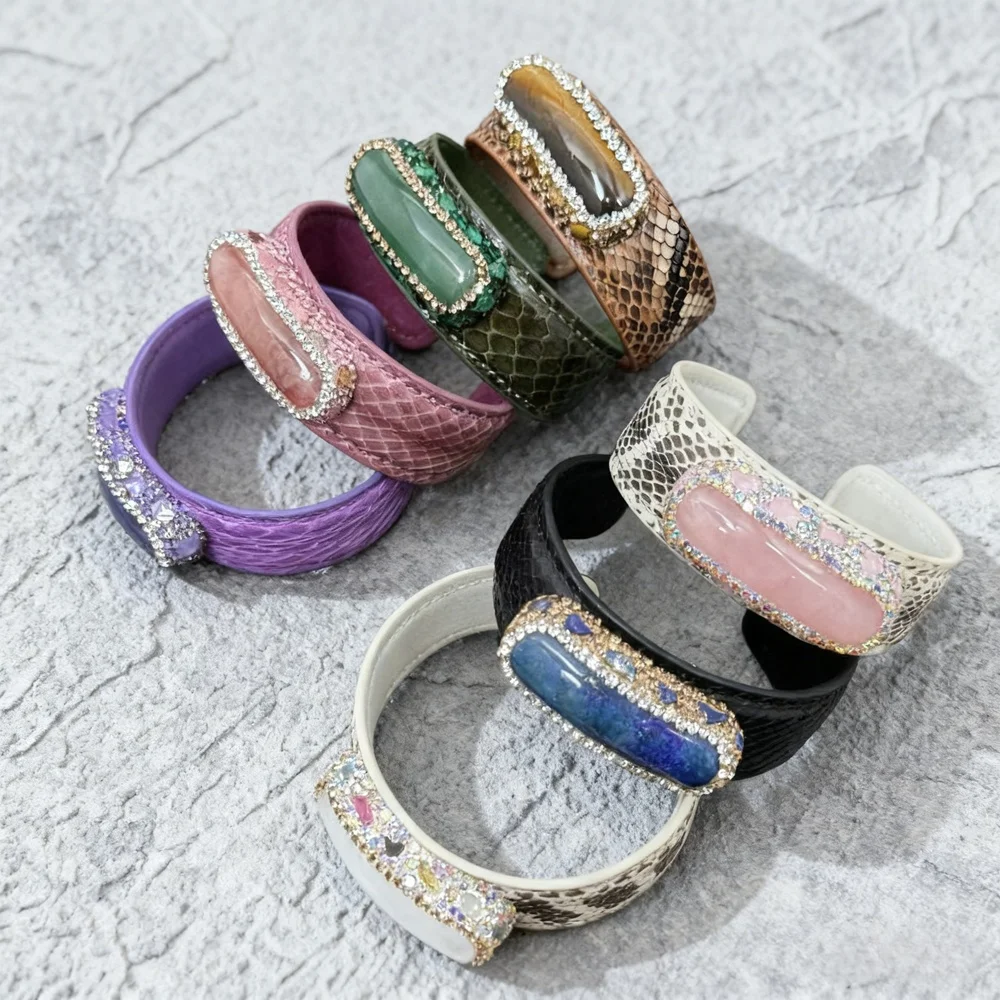 

Новый браслет-манжета из натуральной змеиной кожи, клей с натуральным кристаллом, турмалином, лучший подарок для женщин и девочек