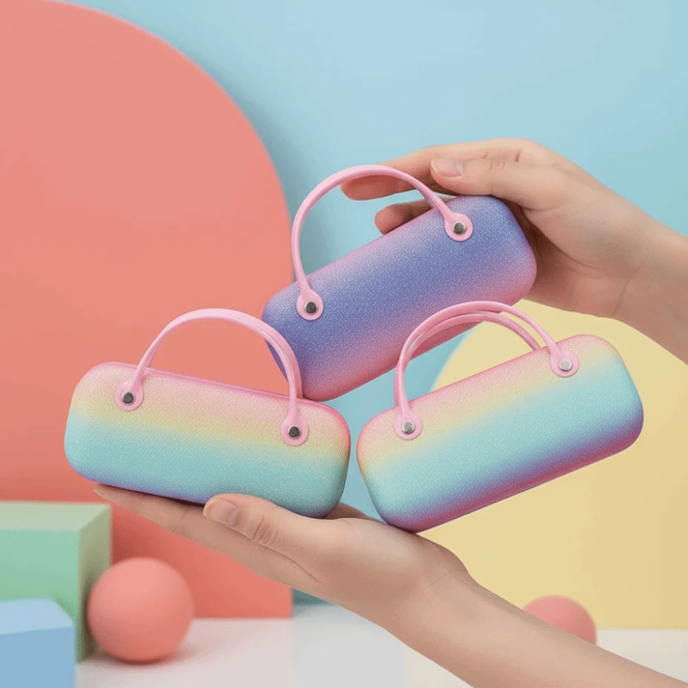 Estojo para Óculos à Prova d'Água em PU com Alça Superior, Formato Oval, Cores Vibrantes com Glitter, Estojo Rígido Anti-Impacto em Cores Arco-Íris