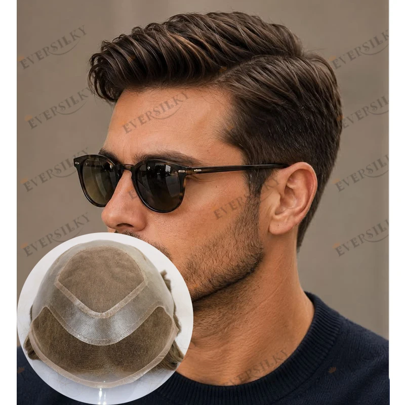 European Men's 100%Human Hair Natural Hairline Toupee Hair System Capillary Prosthesis Undetectable Versalite Lace Mono Base Wig