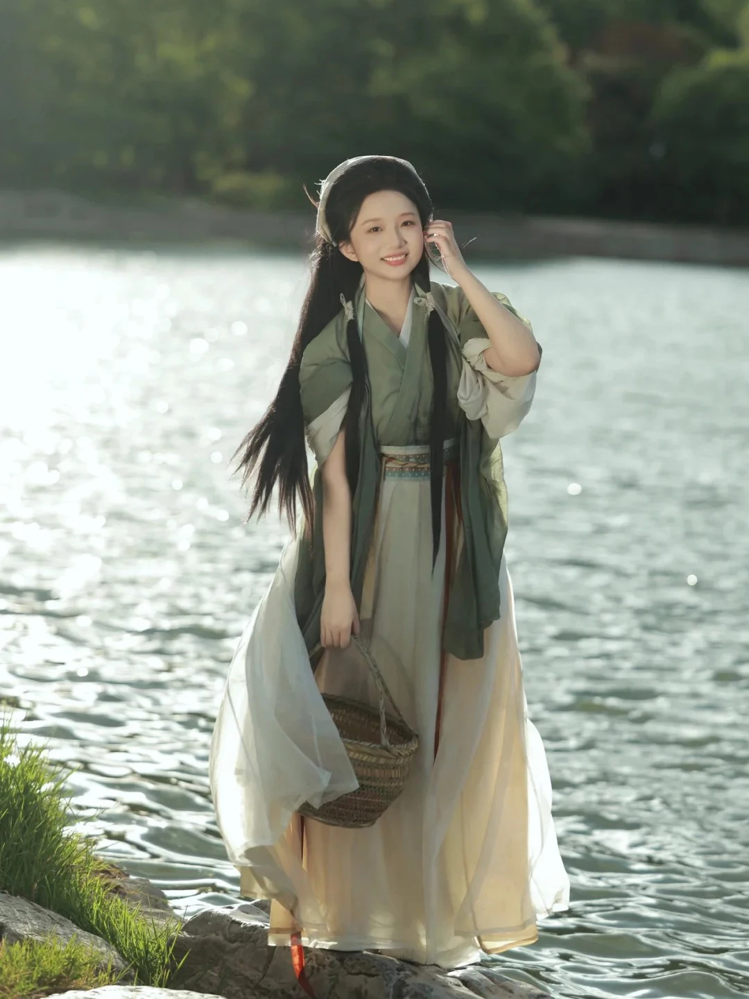 

Spring 2026 New Style Tea Picking Girl Song Dynasty Hanfu Women's Green Collar to Waist Countryside Style Super Fairy Atmosph...