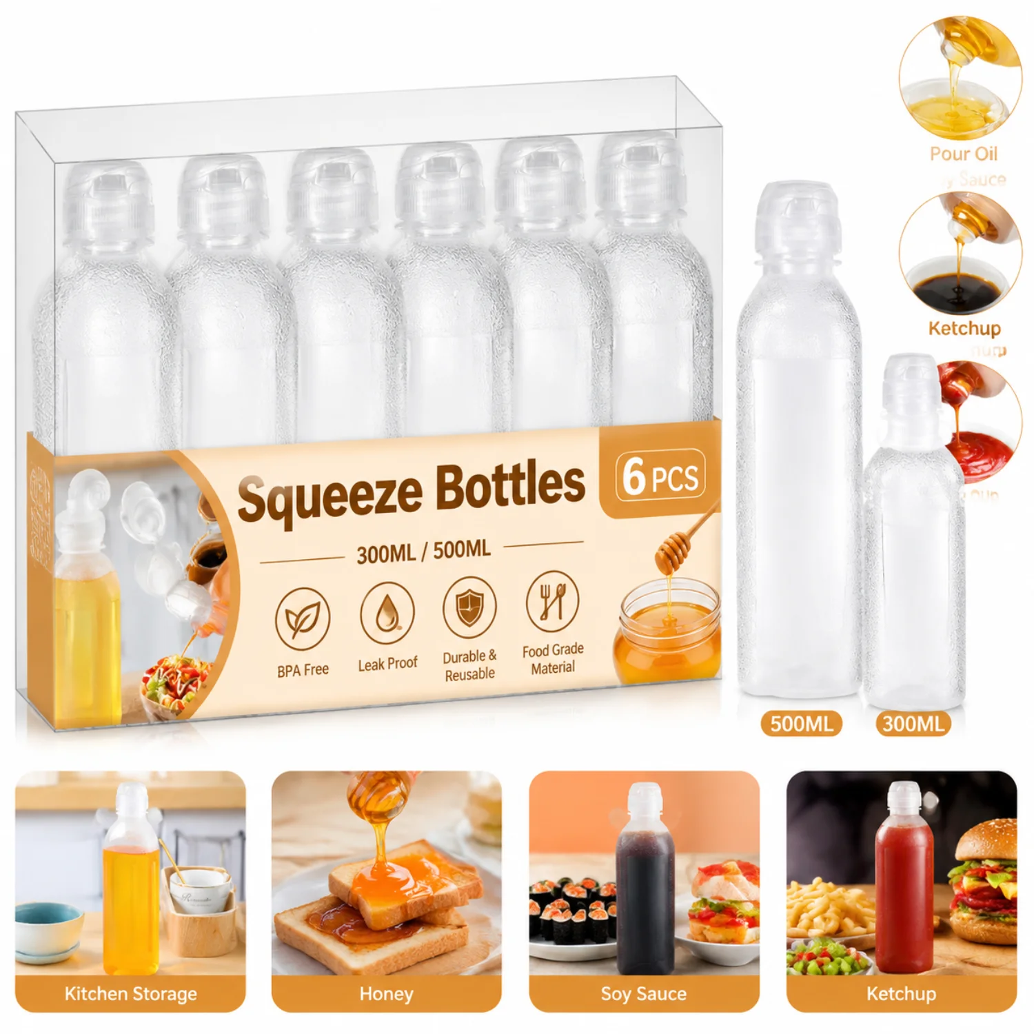 1-6PCS Kitchen Oil Bottle Plastic Seasoning Squeeze Bottle Scream Oil Control Bottle BBQ Dispenser Sauce Condiment Container