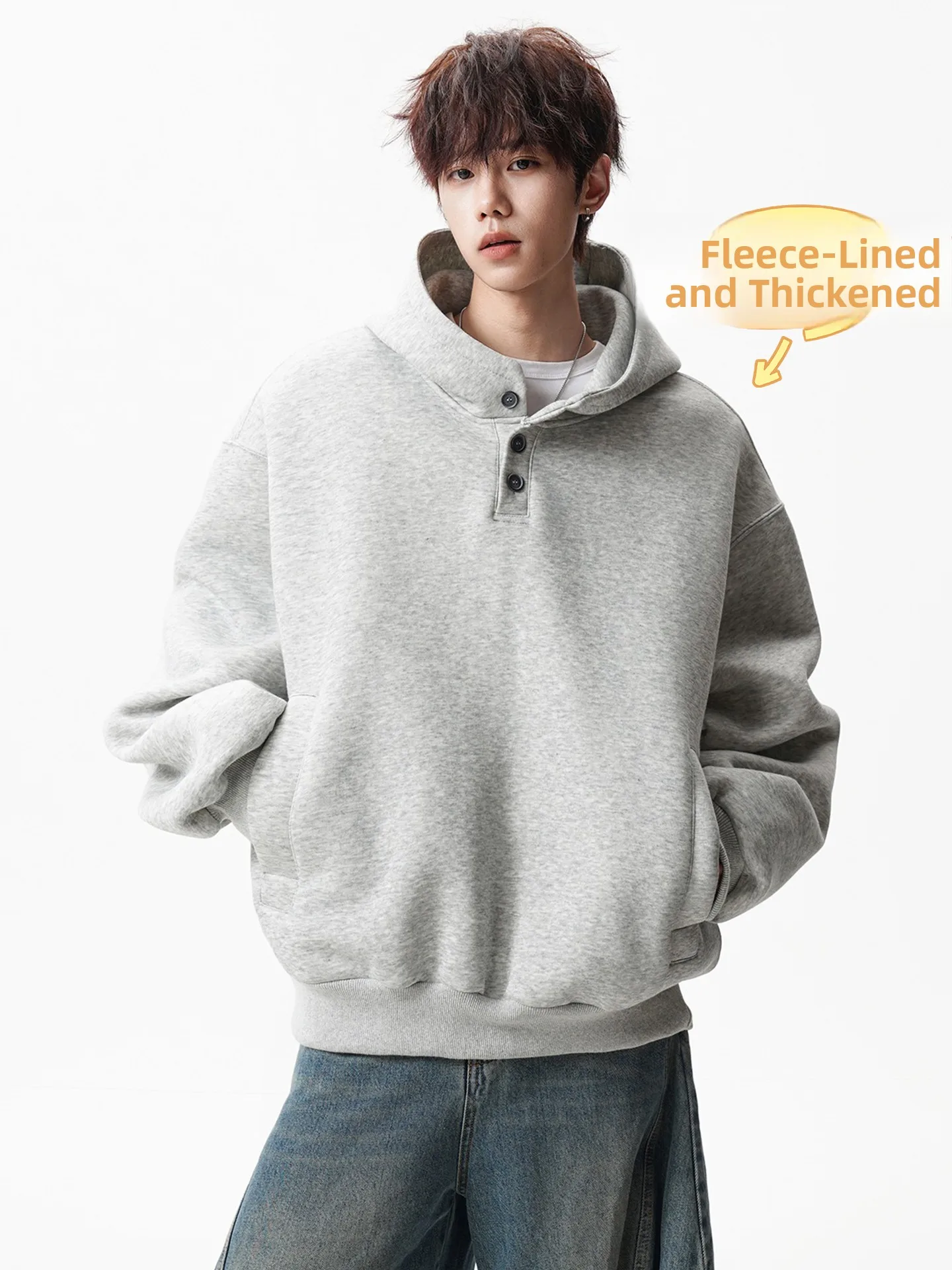 

Heavyweight Button-Up Hoodie Men's Design American Casual Loose Fce-Lined Sweatirt Spring Outerwear Jaet