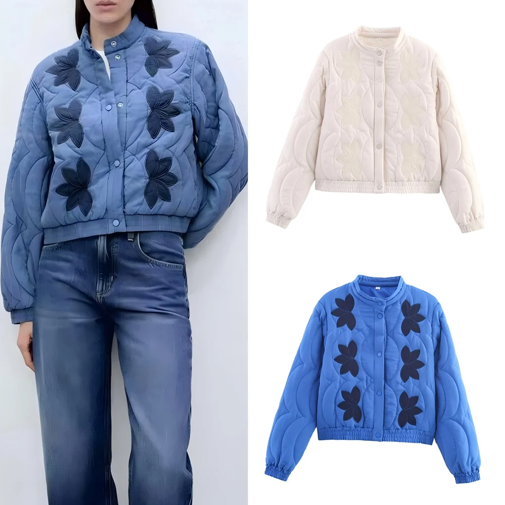

Women's Winter Fashion Short Warm Embroidered flower Quilted Cotton Coat Retro Long Sleeve Button-up Women's Coat chic Top