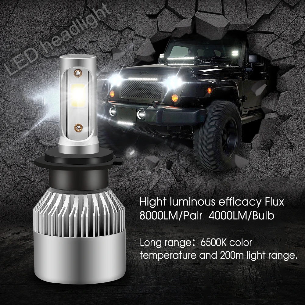 1Pair Car S2 Headlight Bulbs LED H1 H7 H4 9005 9006 Auto 72W 8000LM 6500K No Error Lamp Low High Beam 9-36V For lights