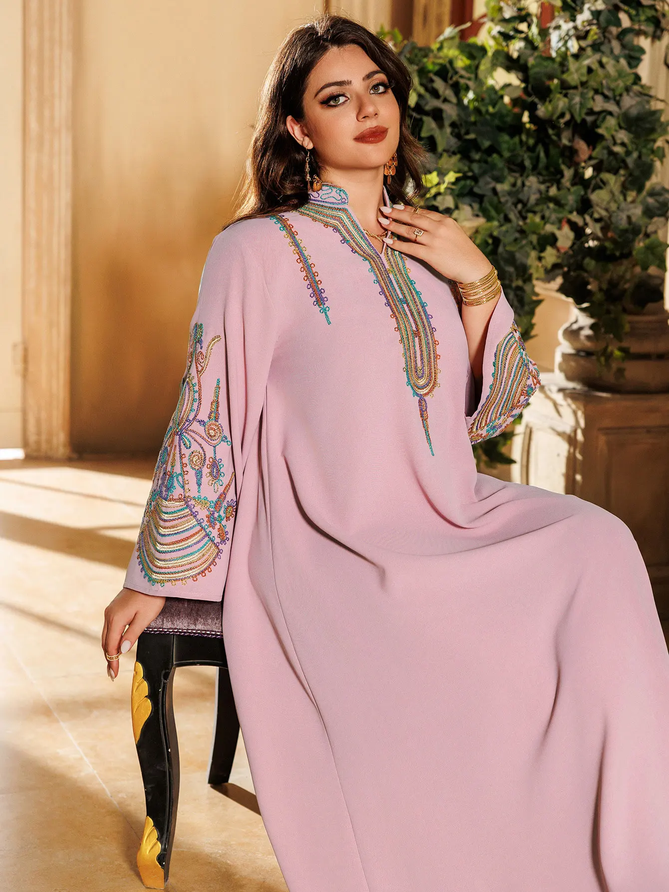 2025 Dubai New Inspired Pink Muslim Abaya Colorful Embroidery on Neckline & Sleeves Perfect for Middle Eastern Cultural Events