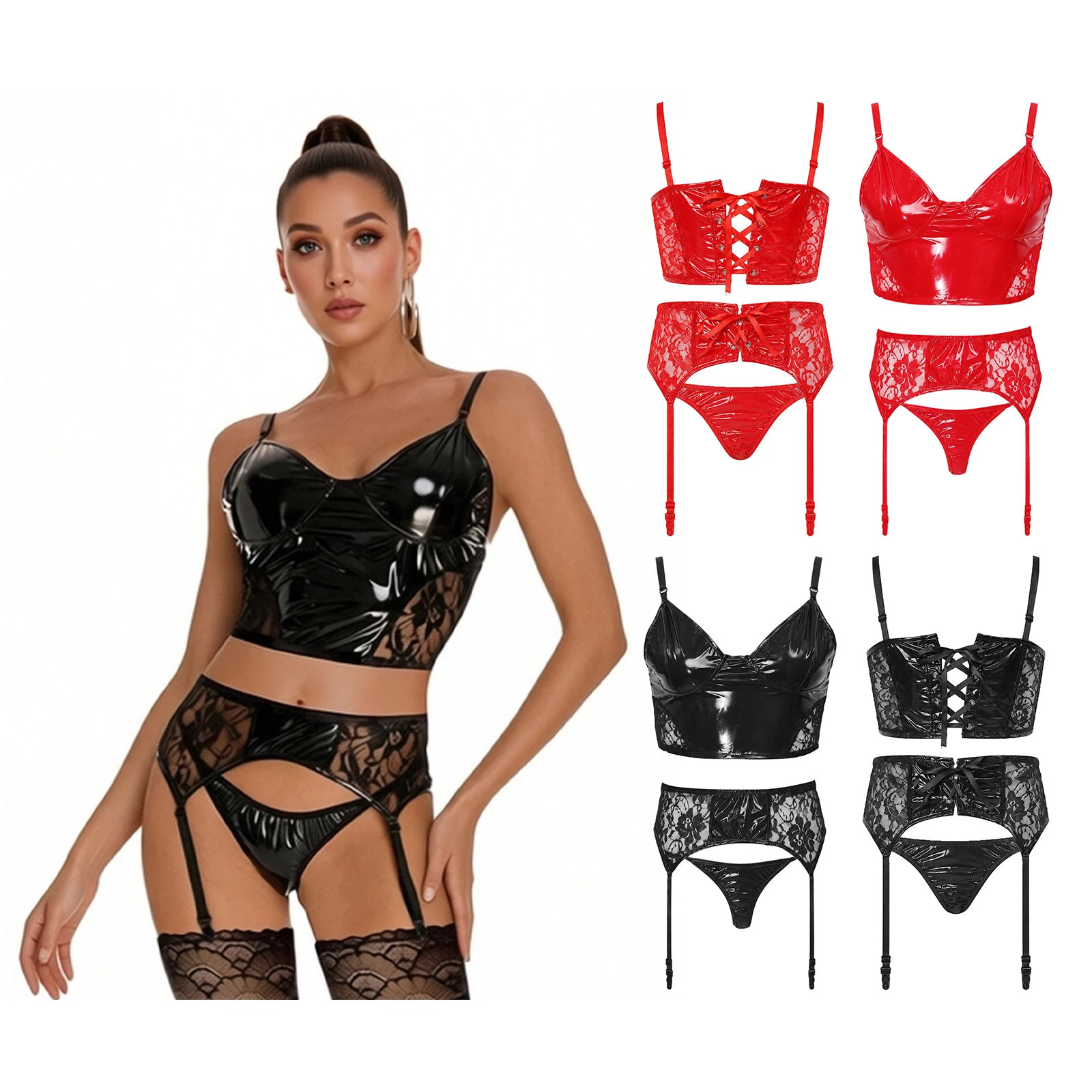 Damen-Bikini-Set aus PU-Leder mit Spitze und Patchwork-Design, bestehend aus einem kurzen Oberteil und einem passenden Höschen mit Strumpfband, ideal für Bühnenauftritte und Partys, zweiteiliges Badeoutfit. – Detail 3
