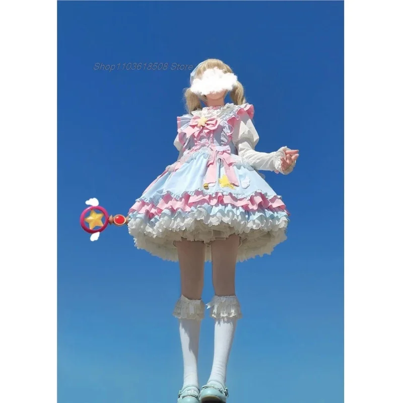 Anime Lolita JSK mini sukienka zestaw kobiety słodka magiczna gwiazda kokardka ruffles księżniczka kostiumy cosplay sukienki imprezowe dziewczyny urocza sukienka pokojówki