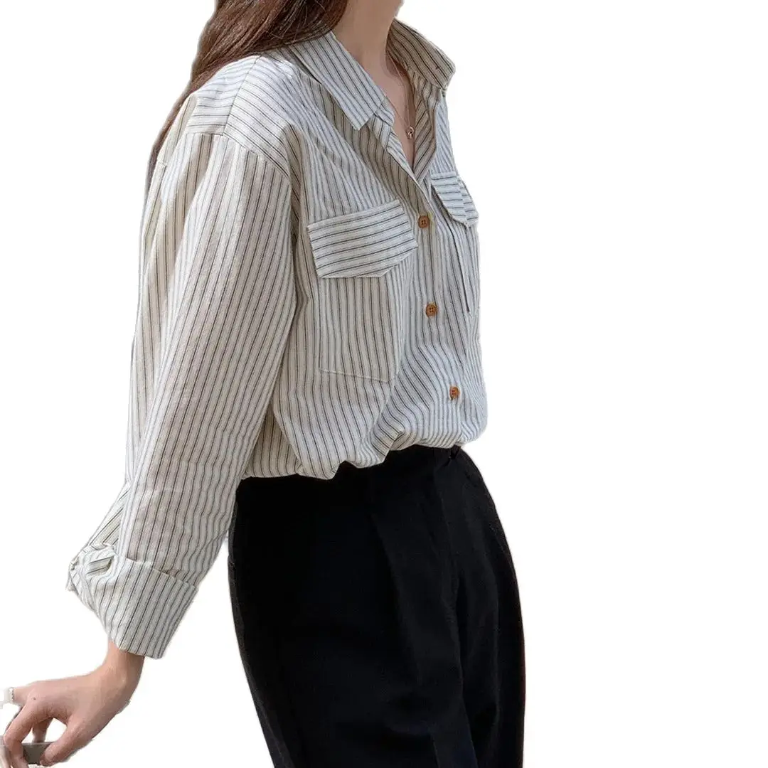 

Korean Fashion Office Lady Cotton Blouse Long Sleeves Loose Design Vertical Stripe Printing Single Breast Women Blouses