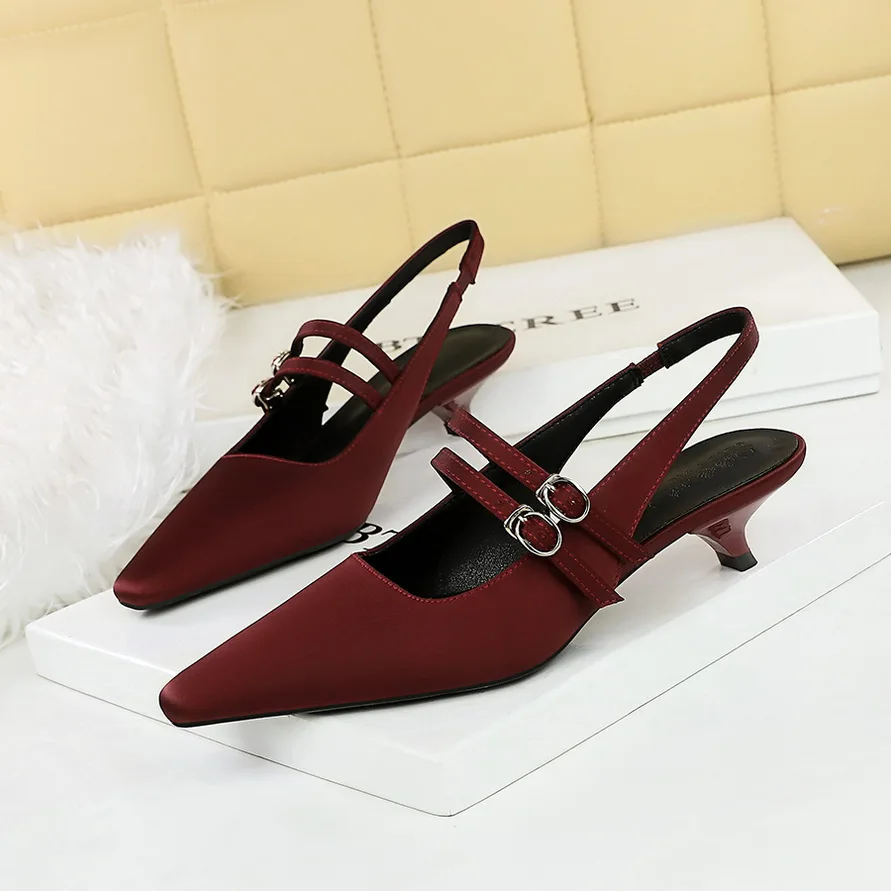 BIGTREE 3cm Low High Heels Slingback Double buckles Women's Pumps Party Casual Elegant Lady Sandals Satin Wine Red Black