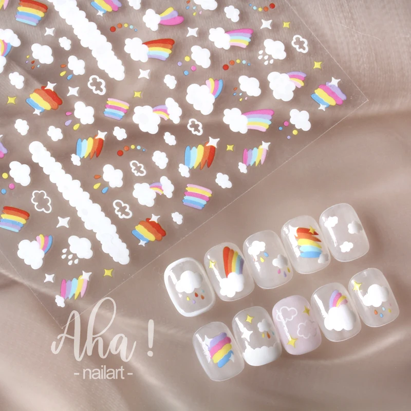 1 Sheet 3D nail Art Stickers Kawaii Colorful Cartoon Cute rainbow Cloud Back Adhesive DIY Manicure Sliders Decoration Decal&Aha