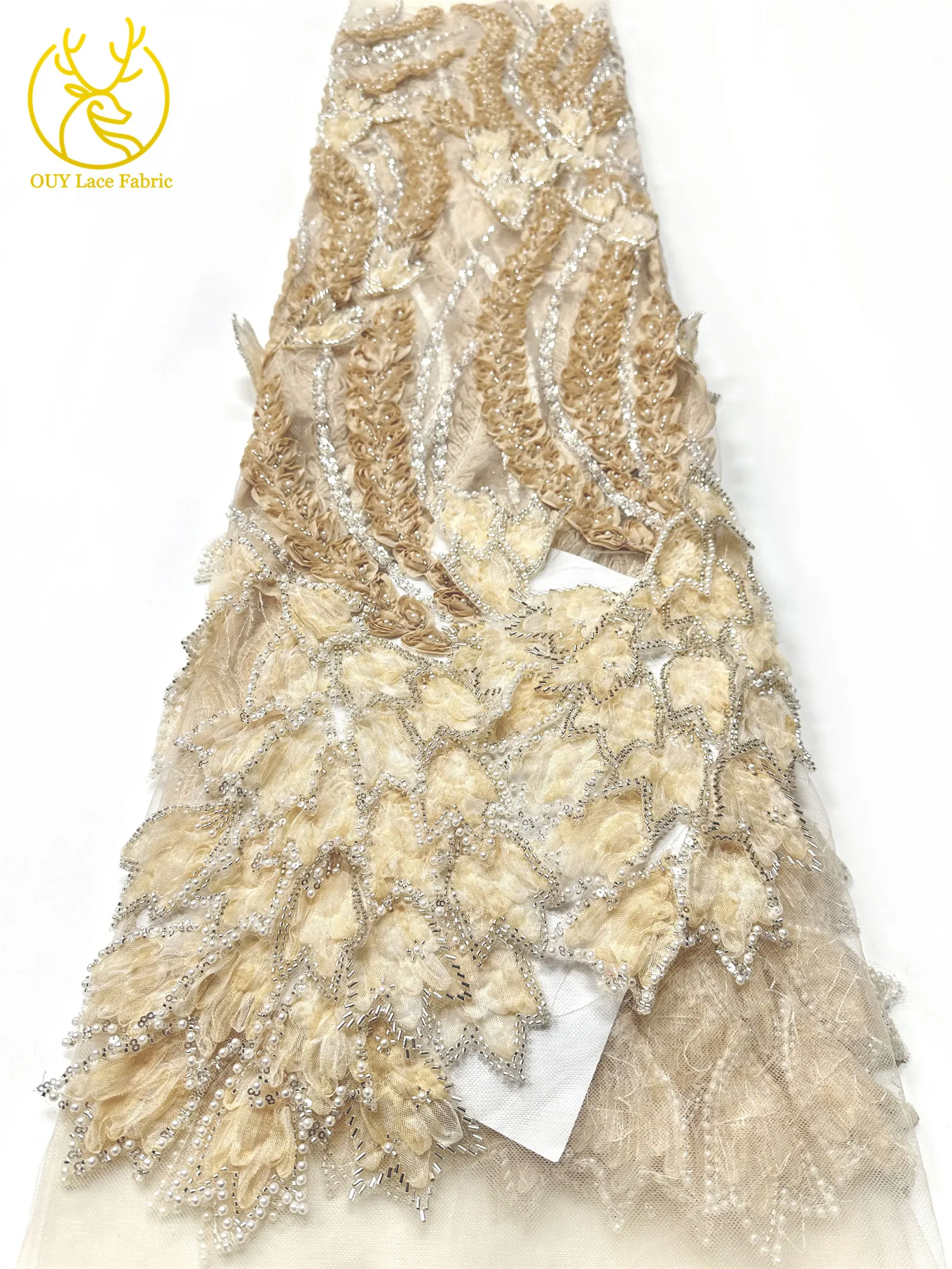 Französischer Luxus 3D-bestickter Perlen-Spitzenstoff, 5 Yards, eleganter afrikanischer nigerianischer Pailletten-Spitzenstoff für Damen, Hochzeits- und Partykleid – Detail 9
