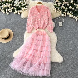 Small Fragrant Embroidery Flower Two Piece Set Women V-Neck Long Sleeve Cardigans ＋Maxi Cascarding A-Line Mesh Skirts Suit