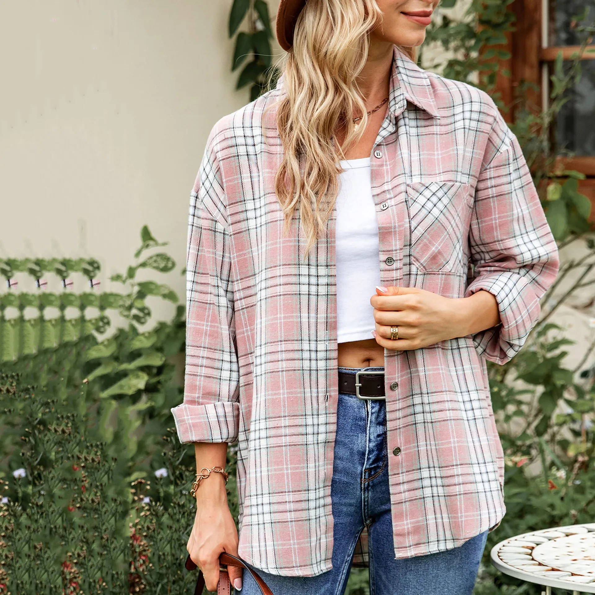 

Spring Women's Plaid Shirt Coat Long Sleeve Loose Button Cardigan Top Pocket Fashion College Casual Basic Extended Blouses