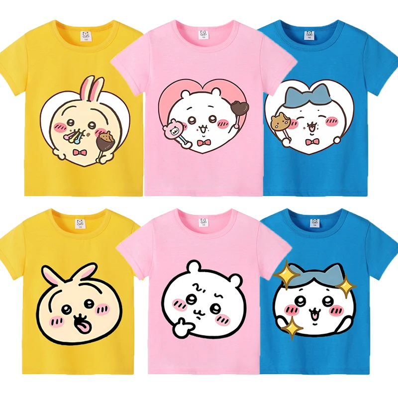Chiikawas Children Short Sleeves Cute Cartoon T-shirt Boy Girl Cotton T Shirt Tops Kawaii Summer Round Neck Tees Kids Clothes