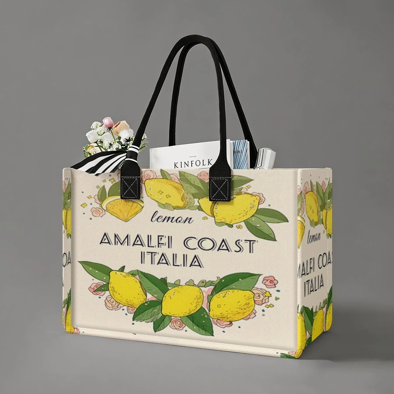 Amalfi Coast Italy Lemon Floral Print Polyester Tote Bag Large Capacity Shoulder Bag For Shopping Travel Daily Use