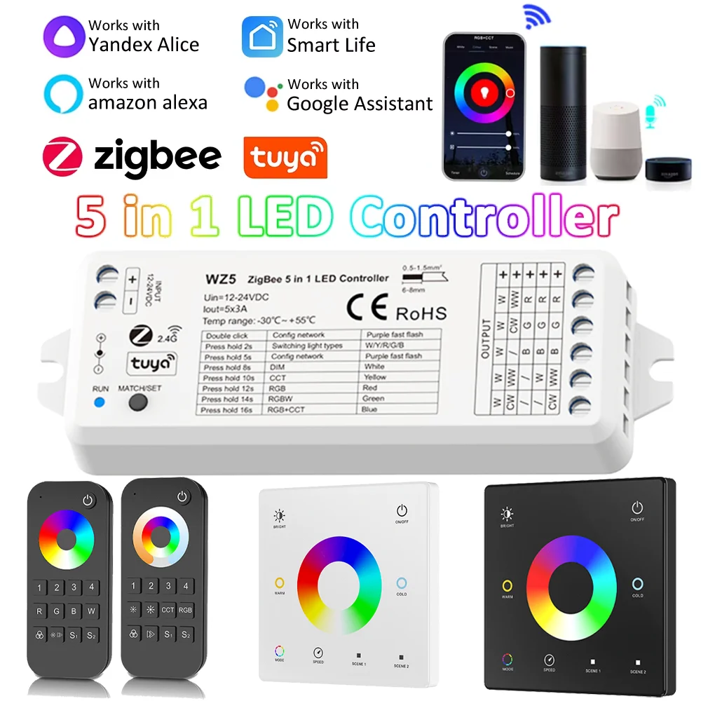 Tuya Zigbee LED Controller 5in1 RGB CCT RGBW RGBCCT DC 12V 24LED Strip Light 4 ZONE RF Touch Panel Smart Life Voice Alexa Home