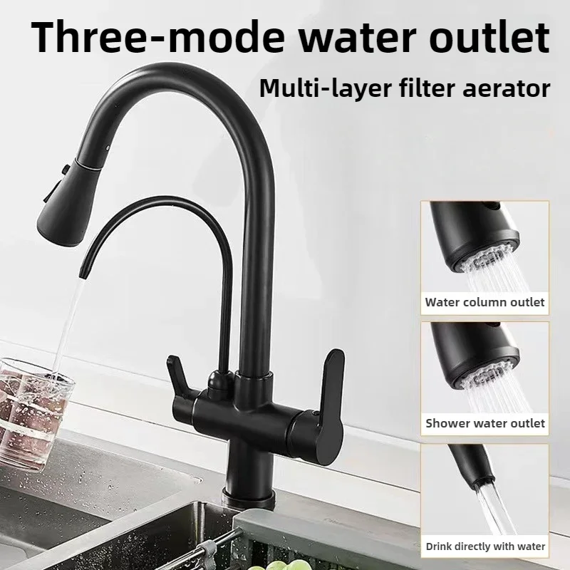 Keran Dapur Komersial dengan Fungsi Ganda Penyemprot Pull Down, Keran Pemurni Filter Air 3 in 1, Keran Pencampur dengan Selang