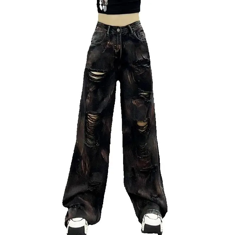 

High Street Fashion Loose Slim Pants Hip-hop American Cool Tie-dye Broom Leg Casual Jeans Female Tide