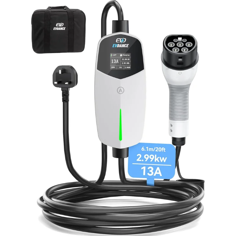 

EVDANCE Type 2 13A 2,99 кВт Зарядное устройство для электромобилей Однофазное зарядное устройство для электромобилей Автомобильный настенный ящик 20 футов Кабель Регулируемый ток Зарядное устройство для электромобилей