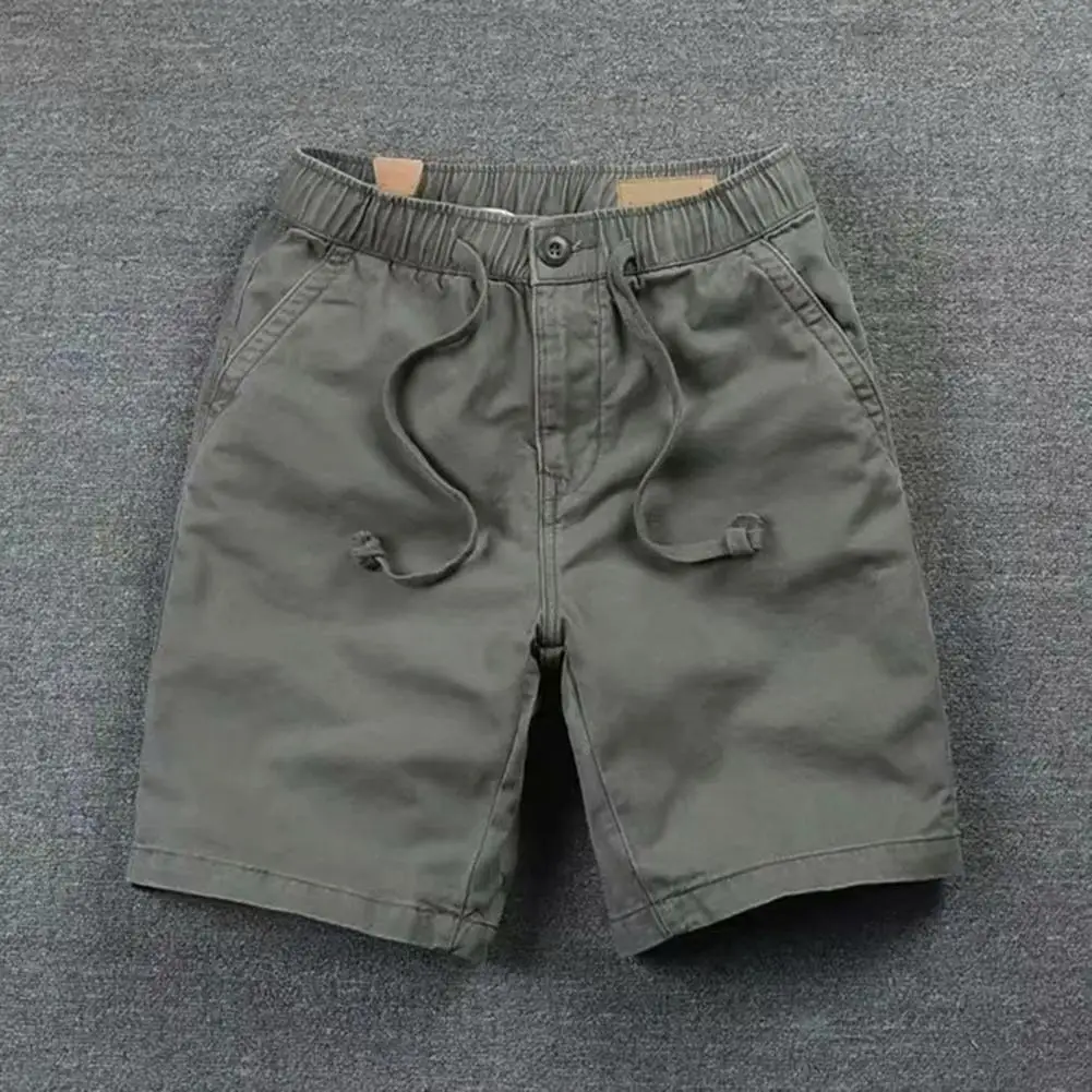 Summer Men Shorts Solid Color Patch-Pocket Drawstring Elastic Waist Half Men Trousers Casual Straight Male Cargo Shorts