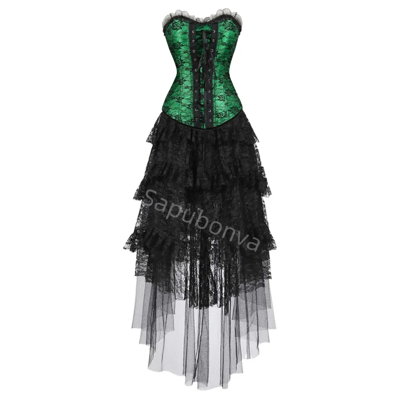 

Corset Dress Costume Skrits Set With Lace Bustier Costume Party Sexy Burlesque Ladies Outfit Plus Size Gothic Halloween green